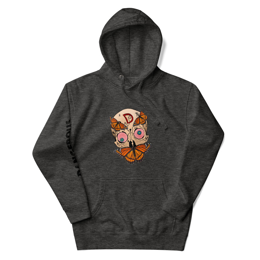 Monarch Skull Unisex Hoodie in charcoal heather, front view