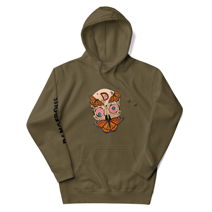 Monarch Skull Unisex Hoodie in military green, front view with skull and butterfly artwork